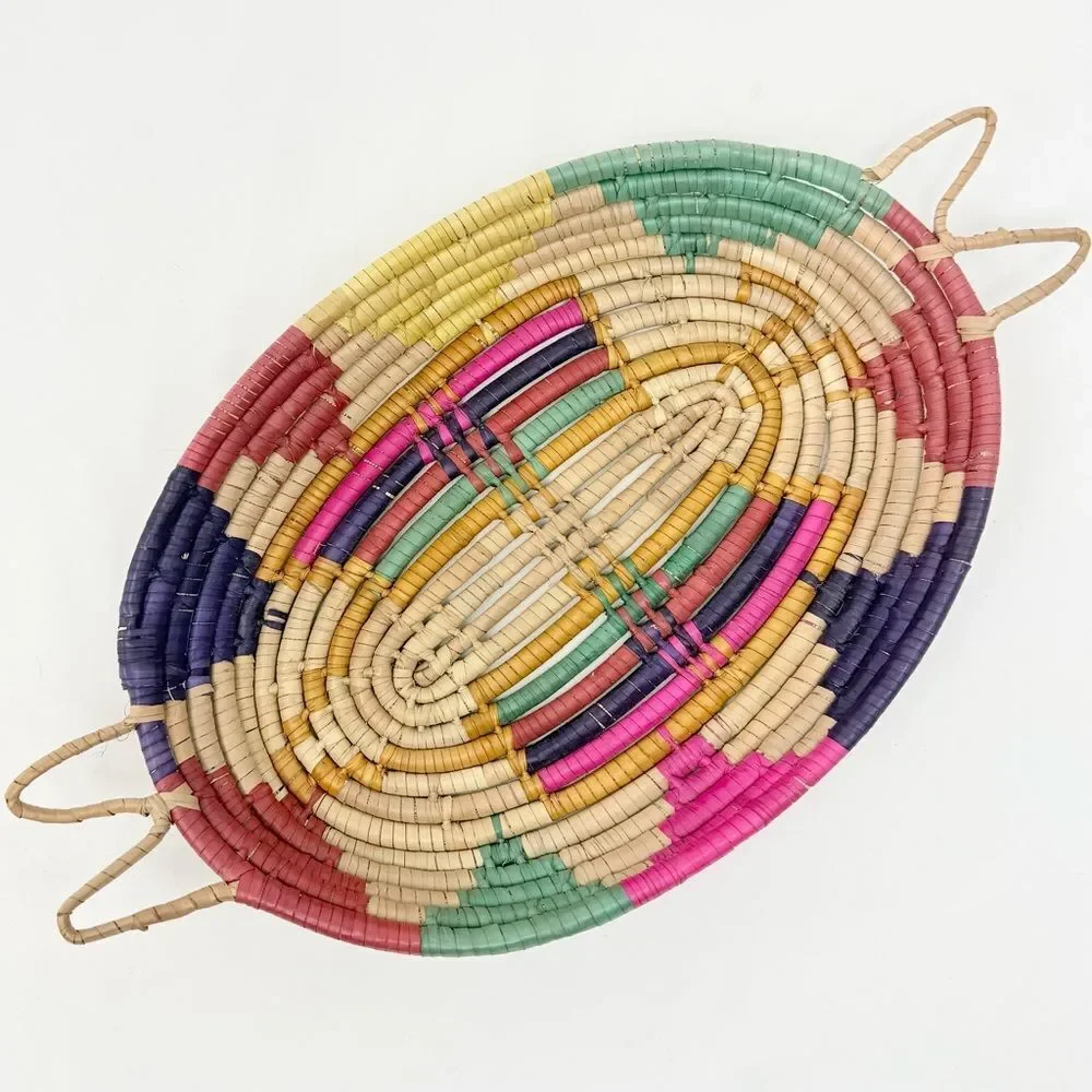 Colorful Woven Straw Oval Tray Basket Global Ethnic Tribal Southwestern